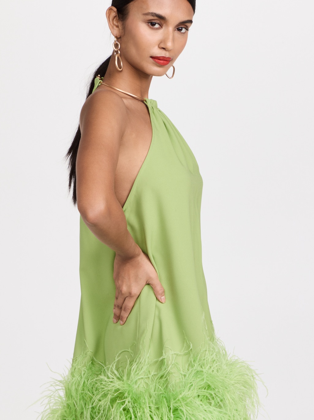 Cult Gaia Reeves Silk Dress In Lime Green Feather-Trim Halter Mini Dress — image 6 of 8